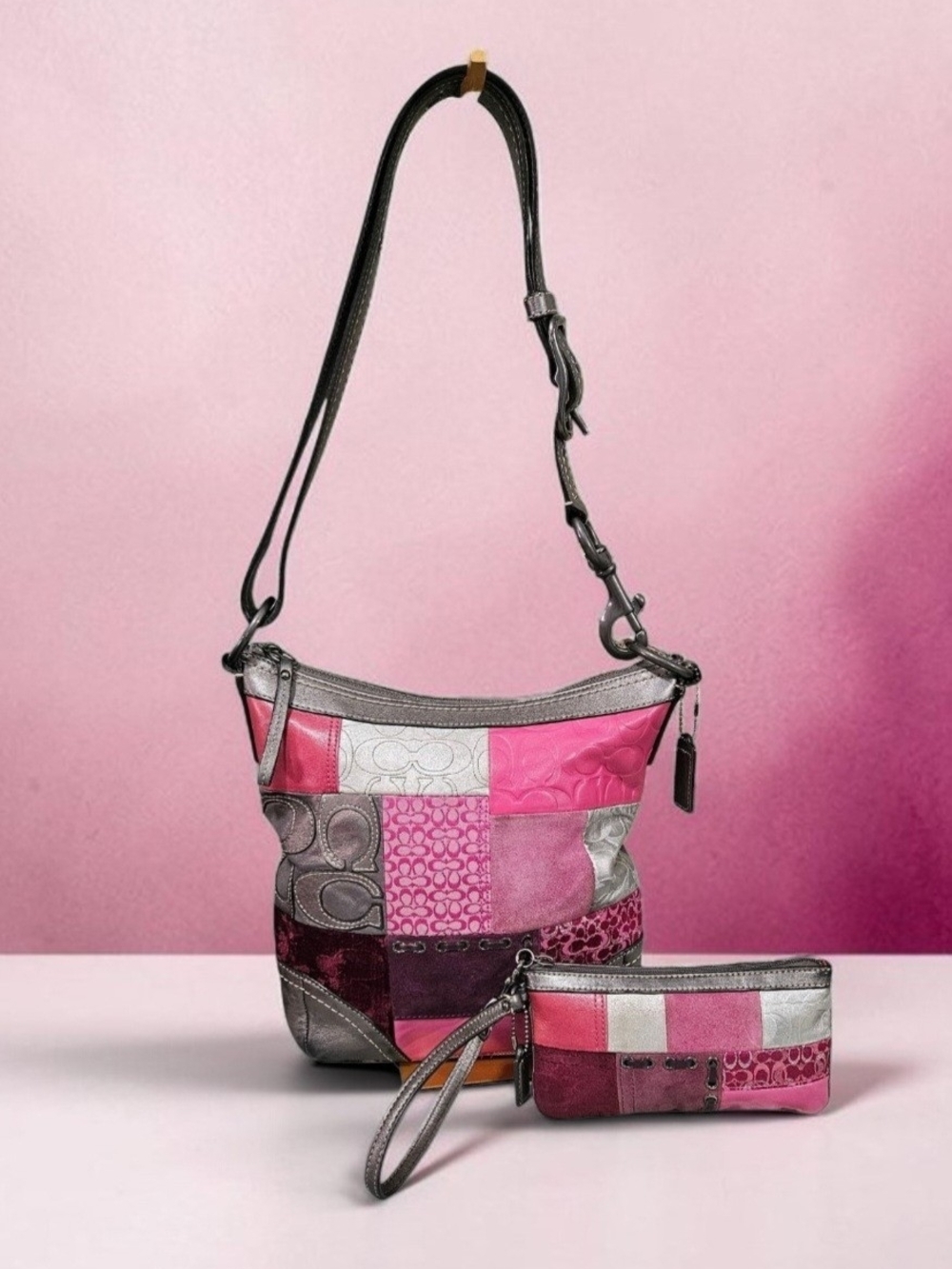 Coach Patchwork Shoulder Bag in Pink and Silver
